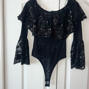 Fashion Nova Black Sequin Lace Bodysuit